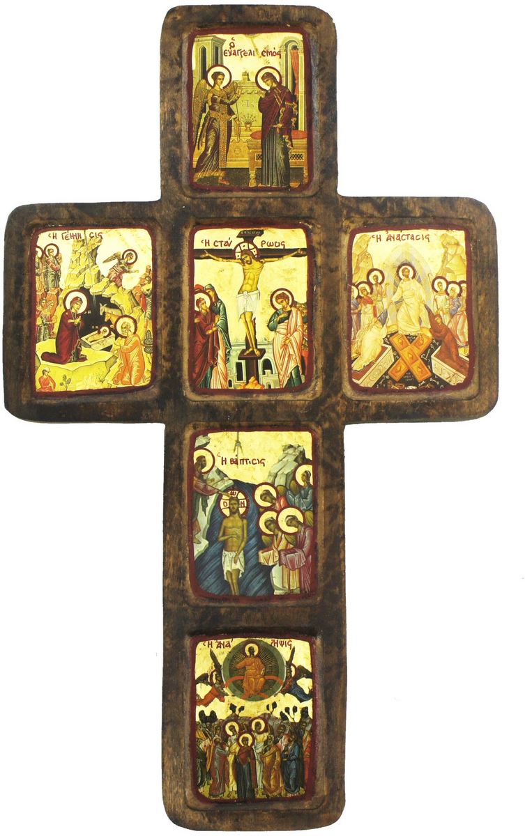 croce con icone delle scene della vita di gesù e maria, icona in stile arte bizantina, icona su legno rifinita con aureole, scritte e bordure fatte a mano, produzione greca - 26,5 x 22 cm