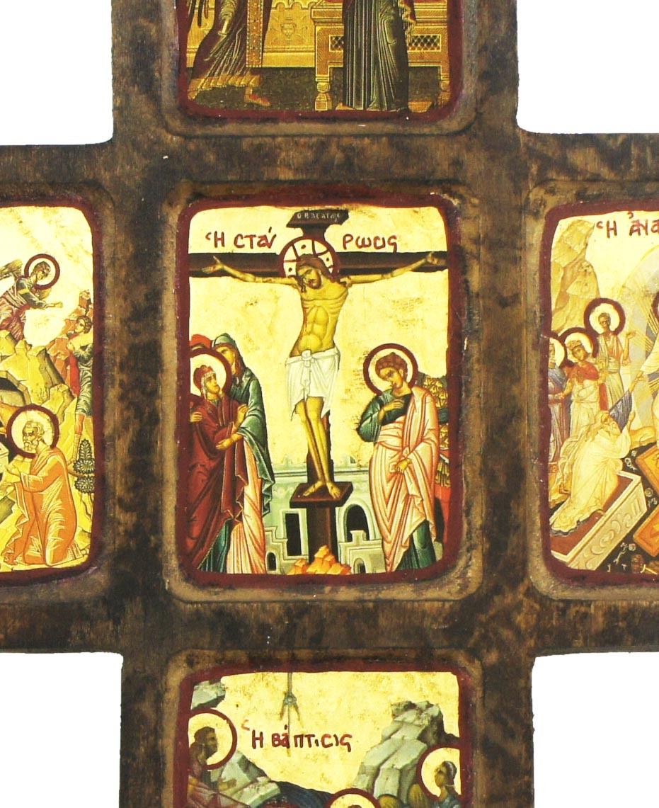 croce con icone delle scene della vita di gesù e maria, icona in stile arte bizantina, icona su legno rifinita con aureole, scritte e bordure fatte a mano, produzione greca - 26,5 x 22 cm