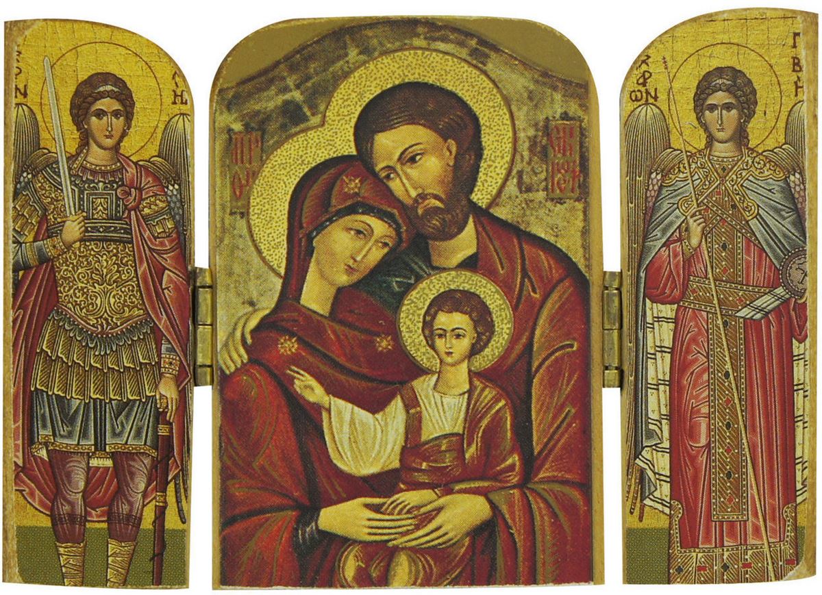 trittico sacra famiglia, icona in stile arte bizantina, icona su legno rifinita con aureole, scritte e bordure fatte a mano, produzione greca - 9,5 x 7 cm