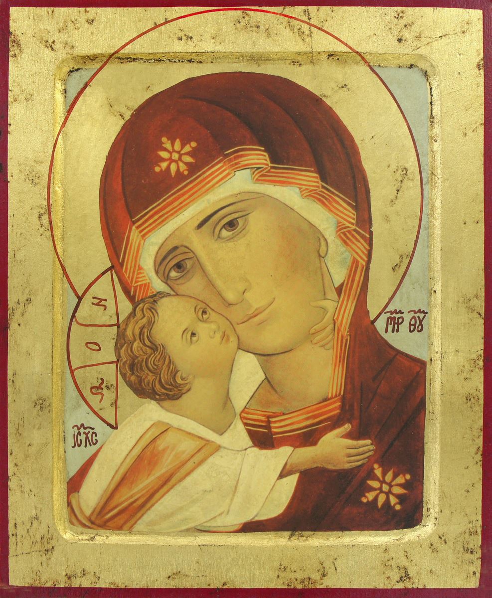 icona madonna della tenerezza, vergine di vladimir, icona in stile arte bizantina, icona su legno rifinita con aureole, scritte e bordure fatte a mano, produzione greca - 24,5 x 20 cm