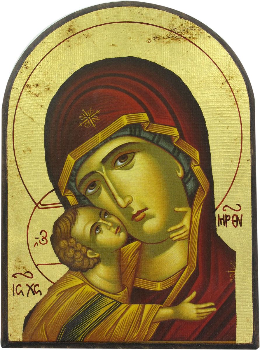 icona madonna della tenerezza, vergine di vladimir, icona in stile arte bizantina, icona su legno rifinita con aureole, scritte e bordure fatte a mano, produzione greca - 18,5 x 14 cm