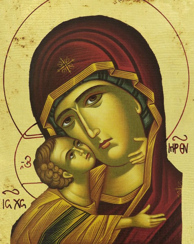 icona madonna della tenerezza, vergine di vladimir, icona in stile arte bizantina, icona su legno rifinita con aureole, scritte e bordure fatte a mano, produzione greca - 18,5 x 14 cm