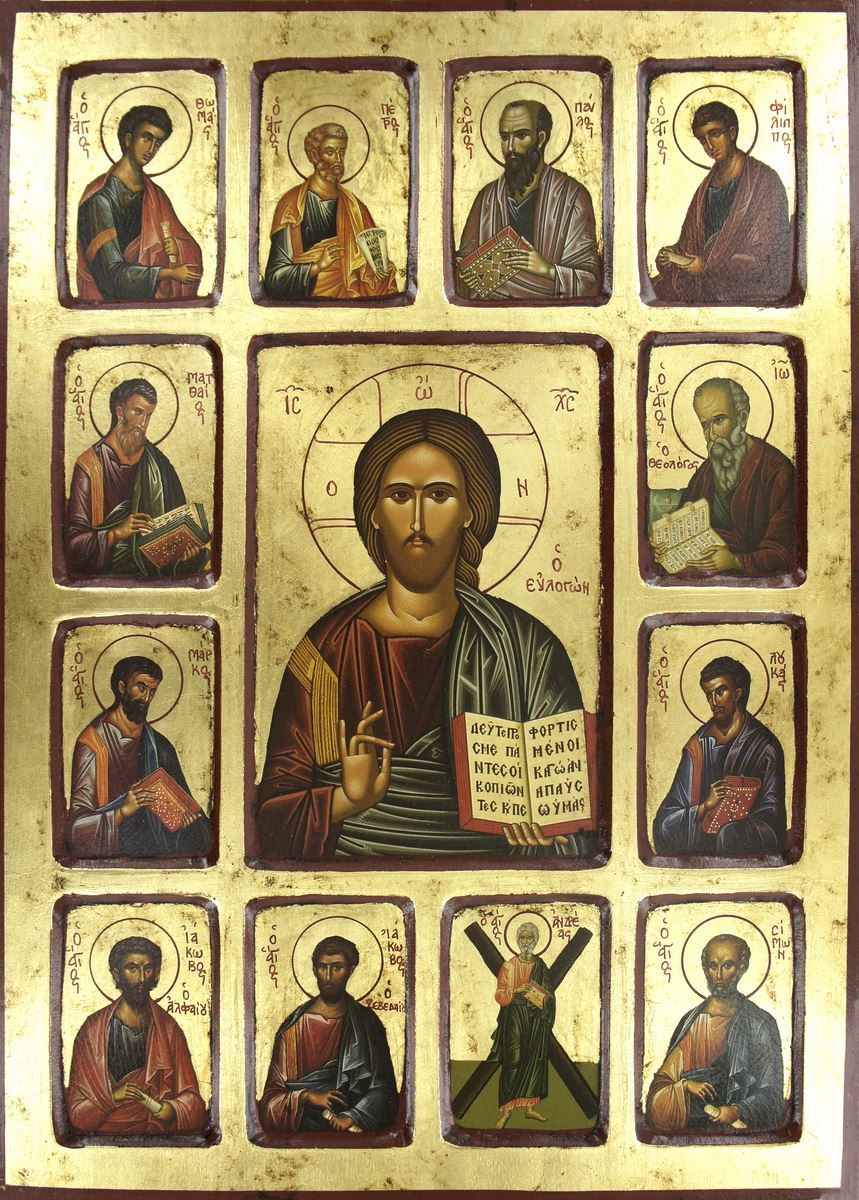 icona cristo pantocratore e 12 apostoli, icona in stile arte bizantina, icona su legno rifinita con aureole, scritte e bordure fatte a mano, produzione greca - 42,5 x 30 cm
