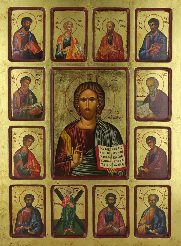 icona cristo pantocratore e 12 apostoli, icona in stile arte bizantina, icona su legno rifinita con aureole, scritte e bordure fatte a mano, produzione greca - 42,5 x 30 cm