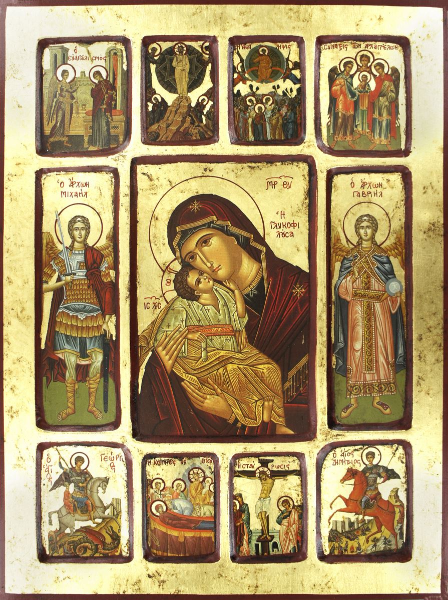 icona madonna di vladimir, arcangeli e episodi biblici, icona in stile arte bizantina, icona su legno rifinita con aureole, scritte e bordure fatte a mano, produzione greca - 40 x 30 cm