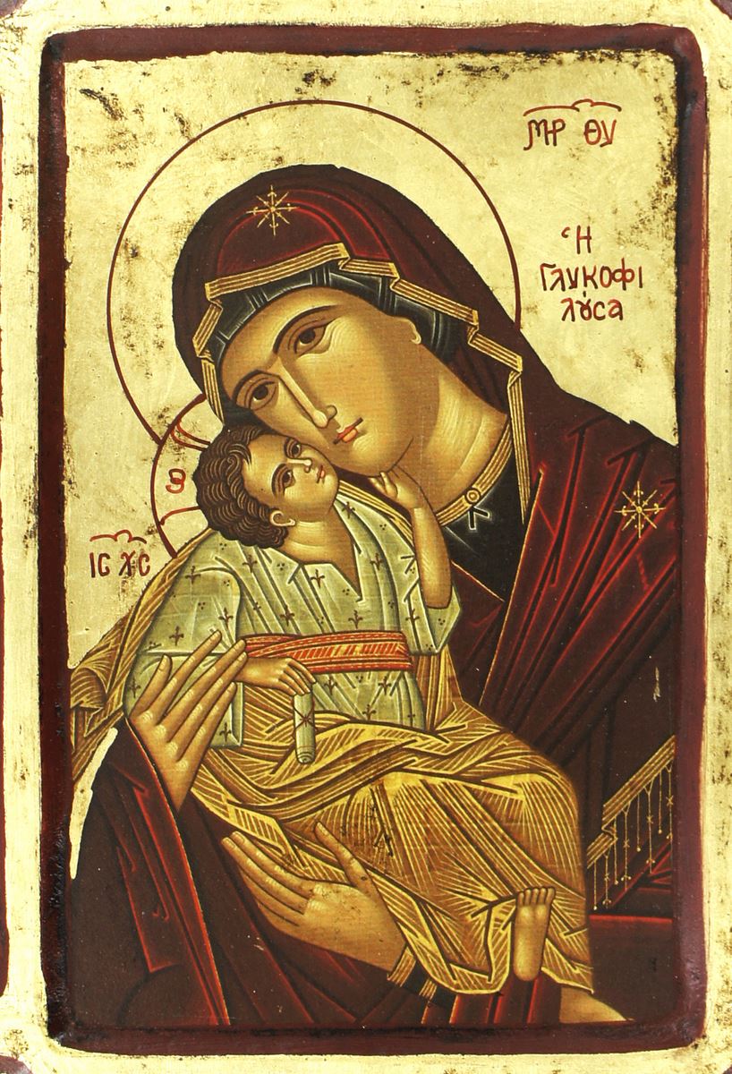 icona madonna di vladimir, arcangeli e episodi biblici, icona in stile arte bizantina, icona su legno rifinita con aureole, scritte e bordure fatte a mano, produzione greca - 40 x 30 cm