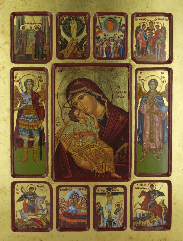 icona madonna di vladimir, arcangeli e episodi biblici, icona in stile arte bizantina, icona su legno rifinita con aureole, scritte e bordure fatte a mano, produzione greca - 40 x 30 cm