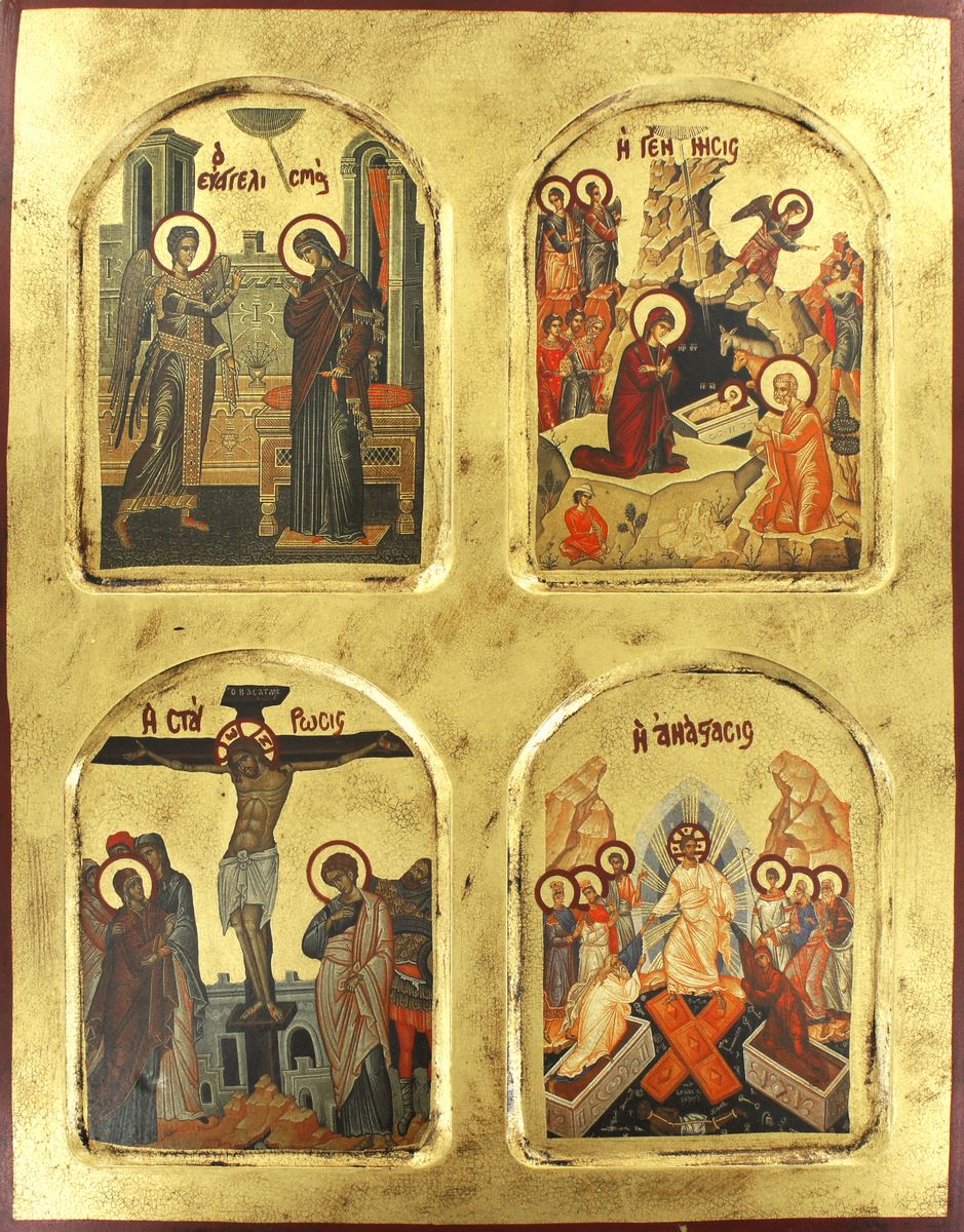icona scene della vita di gesù, icona in stile arte bizantina, icona su legno rifinita con aureole, scritte e bordure fatte a mano, produzione greca - 22 x 18 cm
