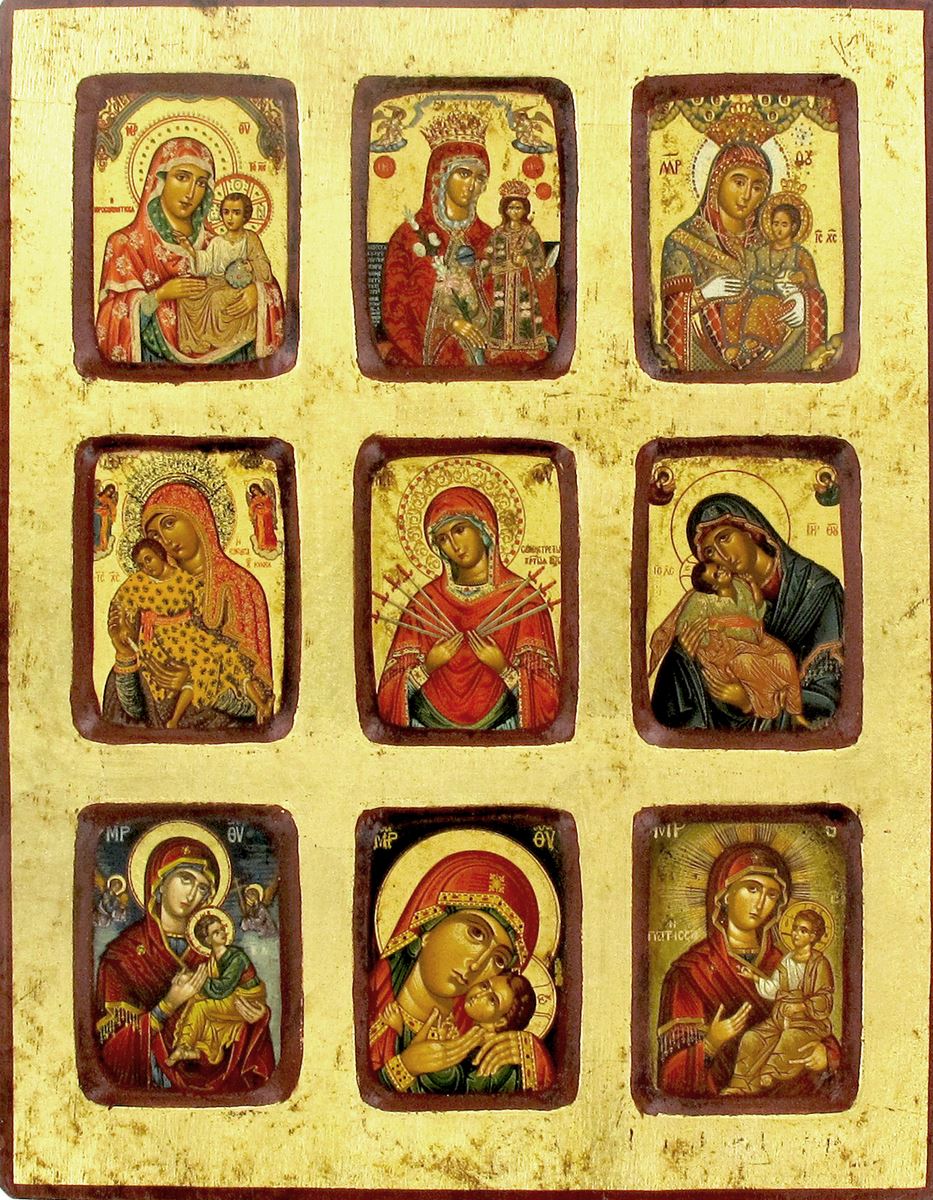 icona 9 madonne, icona in stile arte bizantina, icona su legno rifinita con aureole, scritte e bordure fatte a mano, produzione greca - 25 x 20 cm