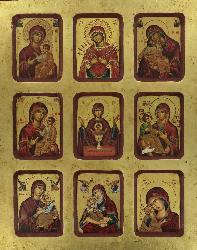 icona 9 madonne, icona in stile arte bizantina, icona su legno rifinita con aureole, scritte e bordure fatte a mano, produzione greca - 25 x 20 cm