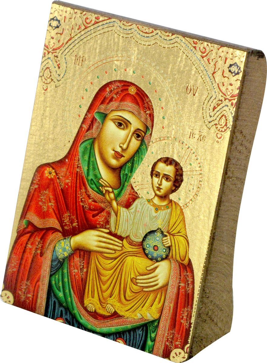 icona madonna di gerusalemme da tavolo, icona in stile arte bizantina, icona su legno rifinita con aureole, scritte e bordure fatte a mano, produzione greca - 9 x 6,5 cm