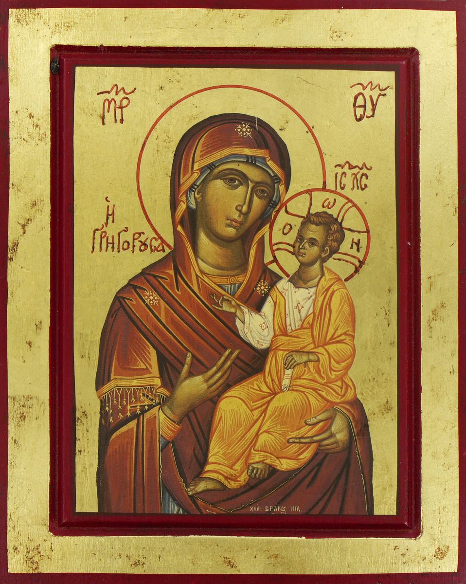 icona madonna con il bambino, icona in stile arte bizantina, icona su legno rifinita con aureole, scritte e bordure fatte a mano, produzione greca - 25 x 19,5 cm