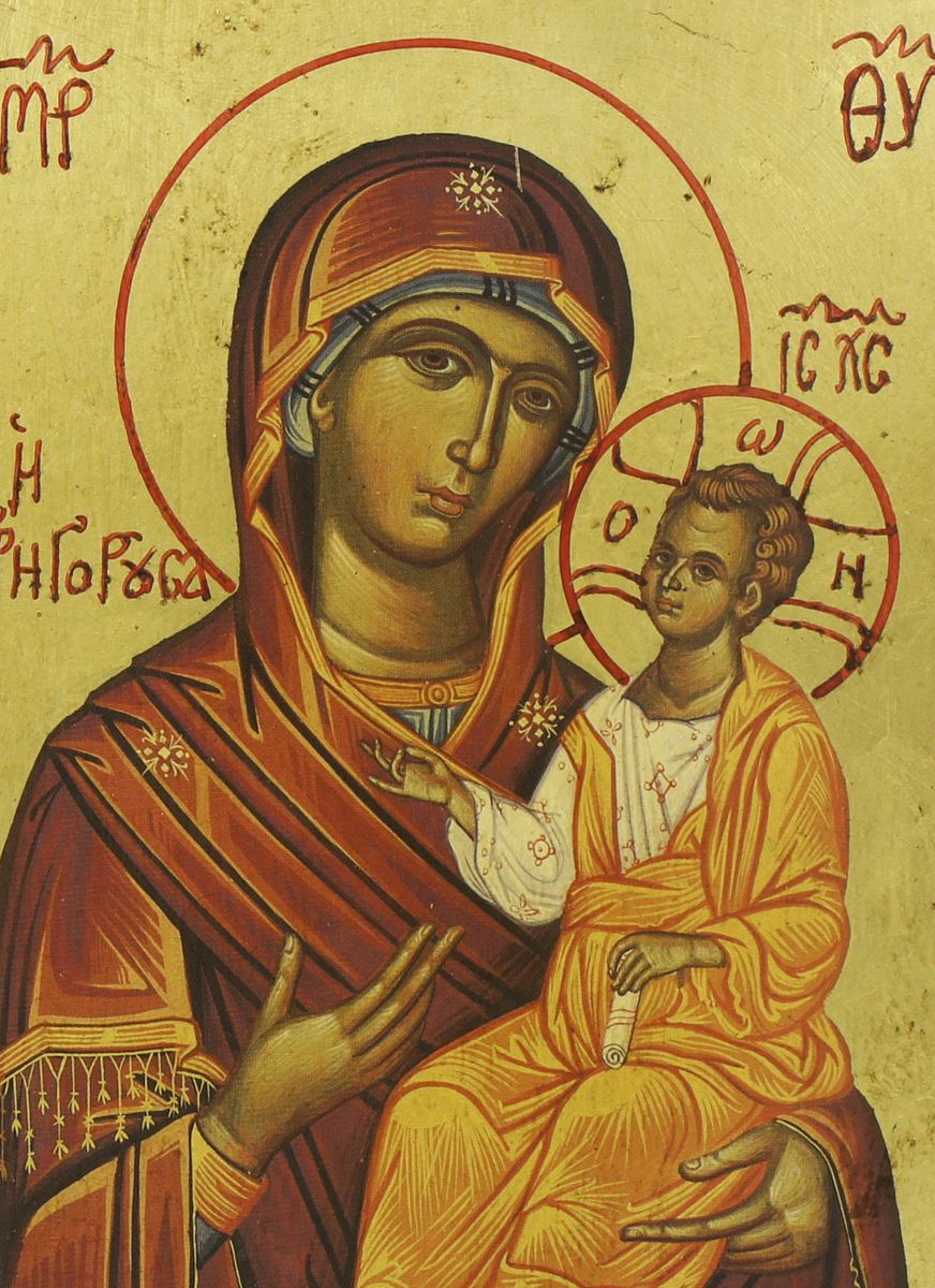 icona madonna con il bambino, icona in stile arte bizantina, icona su legno rifinita con aureole, scritte e bordure fatte a mano, produzione greca - 25 x 19,5 cm