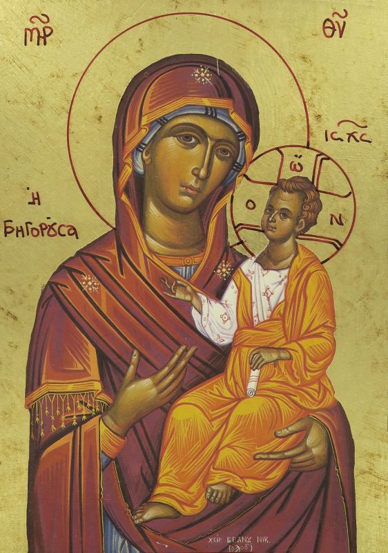 icona madonna con il bambino, icona in stile arte bizantina, icona su legno rifinita con aureole, scritte e bordure fatte a mano, produzione greca - 25 x 19,5 cm