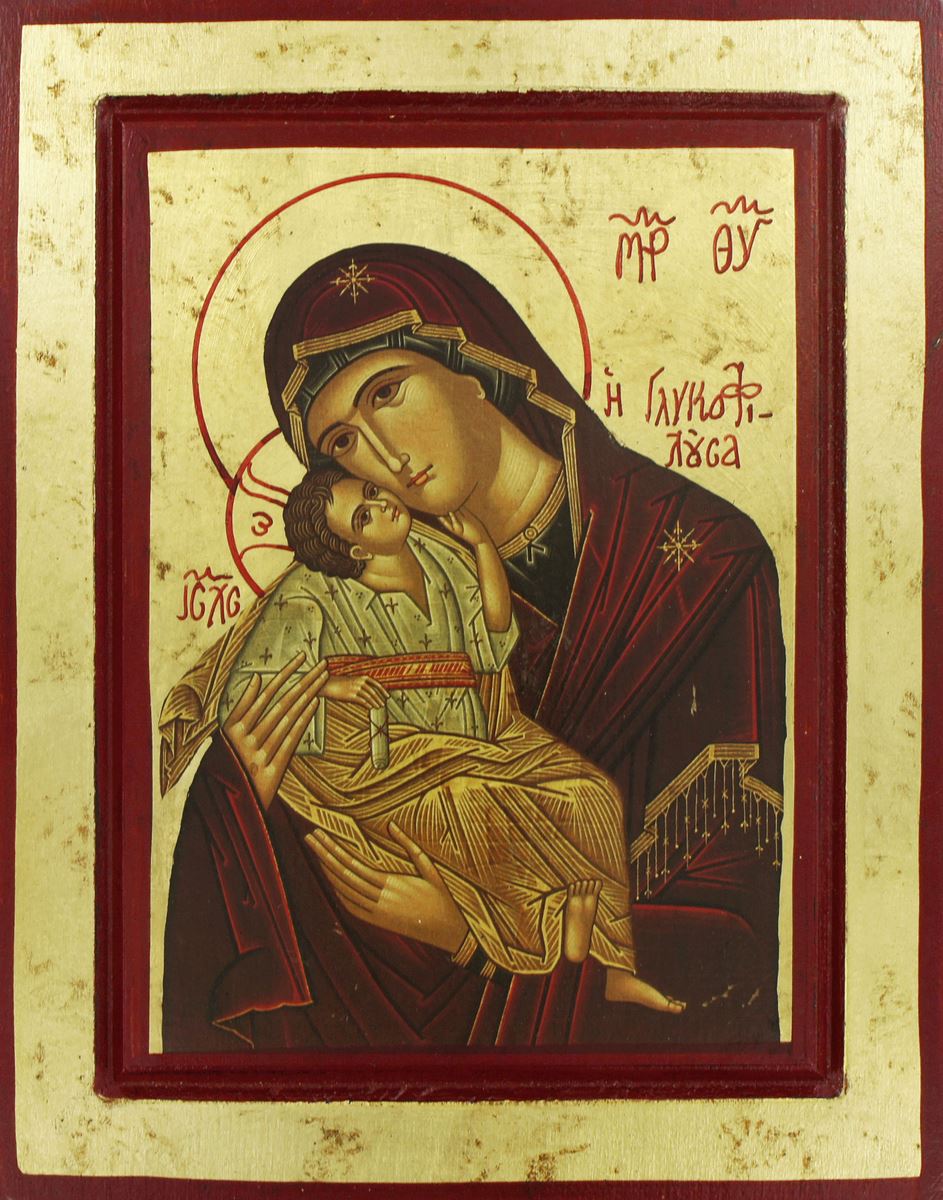 icona madonna della tenerezza, vergine di vladimir, icona in stile arte bizantina, icona su legno rifinita con aureole, scritte e bordure fatte a mano, produzione greca - 25 x 19,5 cm