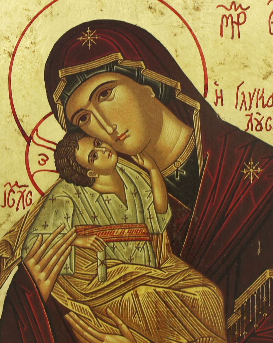 icona madonna della tenerezza, vergine di vladimir, icona in stile arte bizantina, icona su legno rifinita con aureole, scritte e bordure fatte a mano, produzione greca - 33 x 25,5 cm