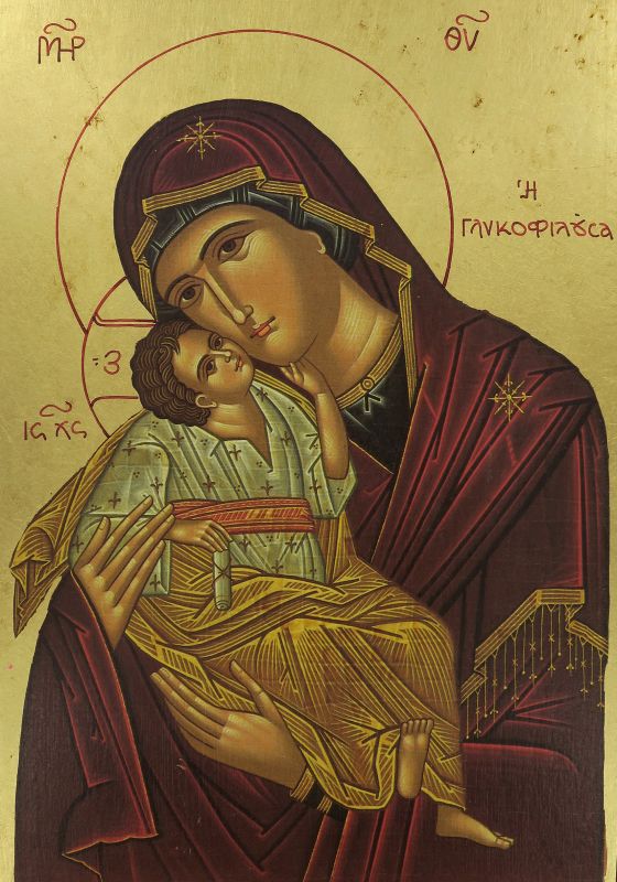 icona madonna della tenerezza, vergine di vladimir, icona in stile arte bizantina, icona su legno rifinita con aureole, scritte e bordure fatte a mano, produzione greca - 33 x 25,5 cm