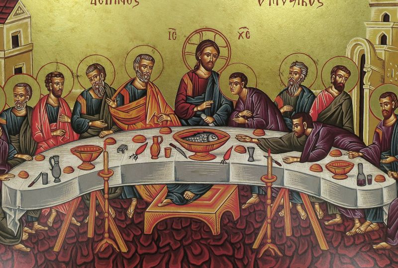 icona ultima cena, icona in stile arte bizantina, icona su legno rifinita con aureole, scritte e bordure fatte a mano, produzione greca, idea regalo per comunione - 46 x 32 cm