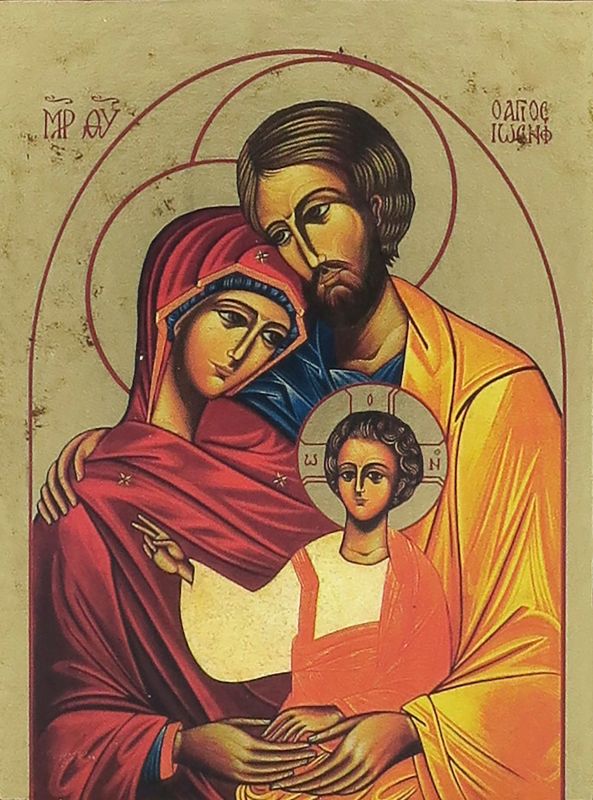 icona sacra famiglia, icona in stile arte bizantina, icona su legno rifinita con aureole, scritte e bordure fatte a mano, produzione greca - 14 x 11,5 cm