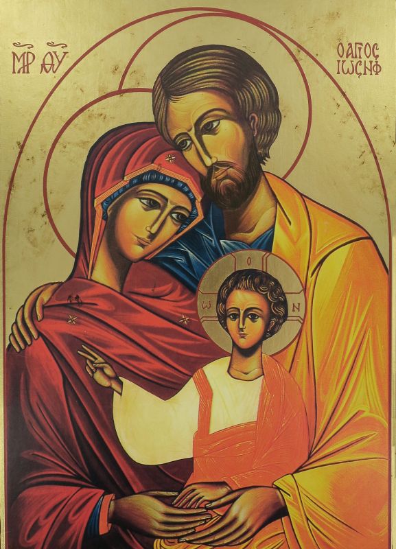 icona sacra famiglia, icona in stile arte bizantina, icona su legno rifinita con aureole, scritte e bordure fatte a mano, produzione greca - 32 x 25 cm