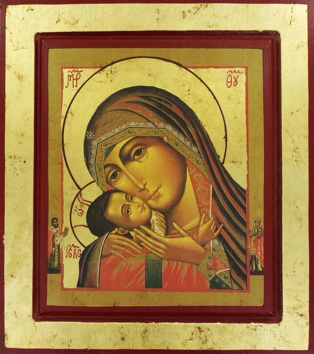 icona madonna di korsun, icona in stile arte bizantina, icona su legno rifinita con aureole, scritte e bordure fatte a mano, produzione greca - 14 x 12,5 cm