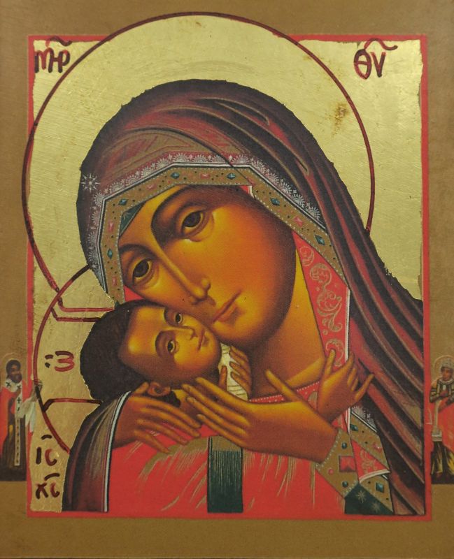 icona madonna di korsun, icona in stile arte bizantina, icona su legno rifinita con aureole, scritte e bordure fatte a mano, produzione greca - 14 x 12,5 cm