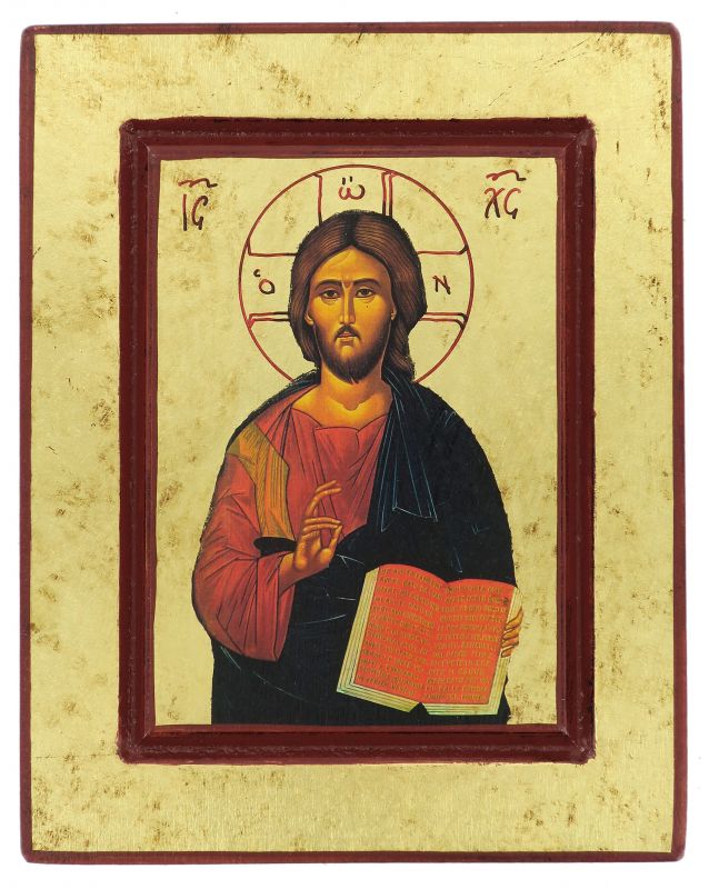 icona cristo pantocratore con libro aperto, icona in stile arte bizantina, icona su legno rifinita con aureole, scritte e bordure fatte a mano, produzione greca - 17 x 13,5 cm