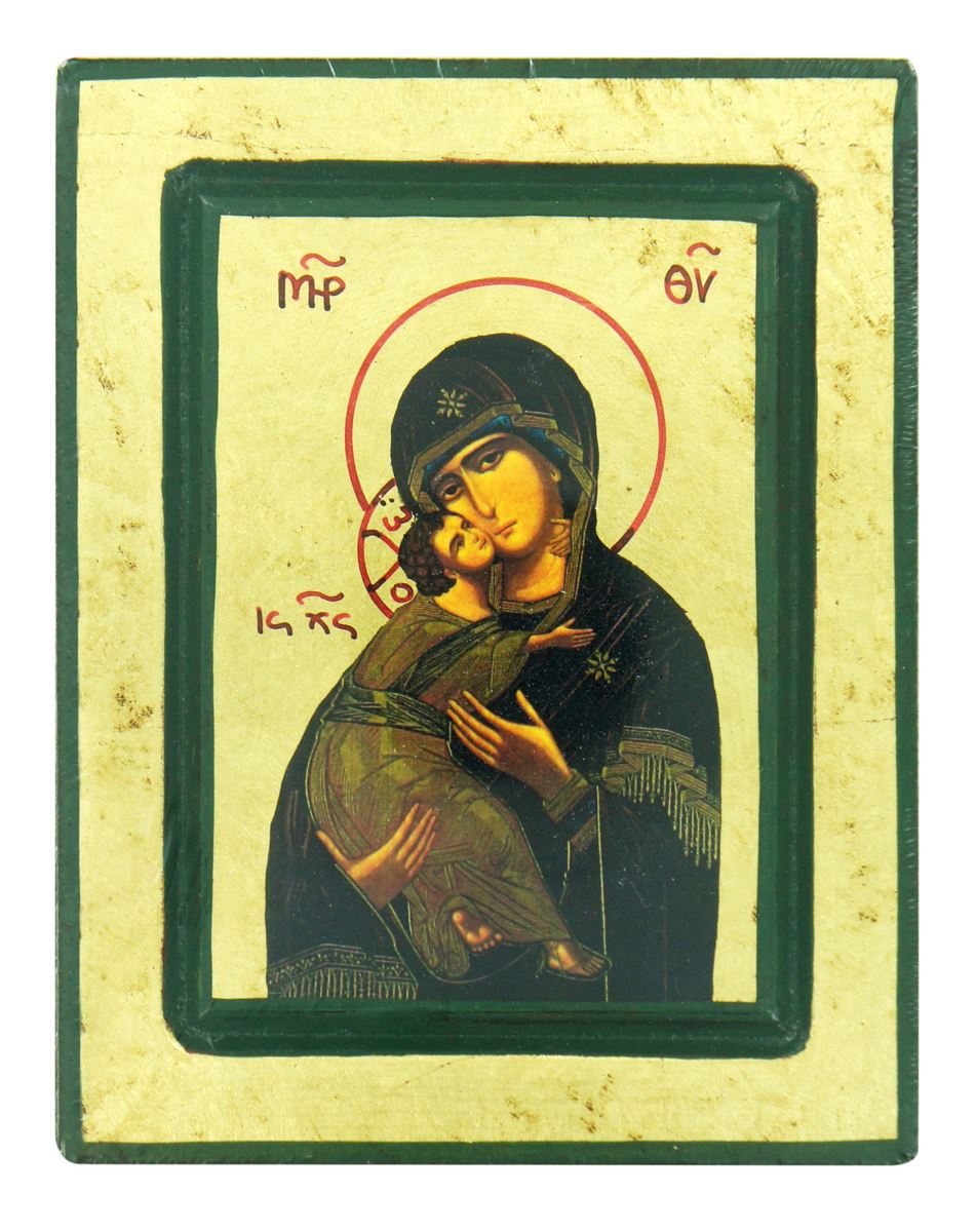 icona madonna di vladimir, icona in stile arte bizantina, icona su legno rifinita con aureole, scritte e bordure fatte a mano, produzione greca - 14,5 x 11,5 cm