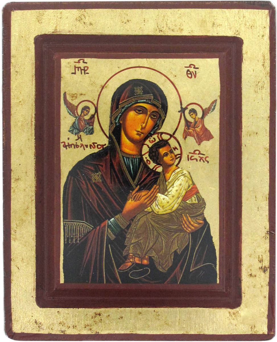 icona perpetuo soccorso (madonna della passione), icona in stile arte bizantina, icona su legno rifinita con aureole, scritte e bordure fatte a mano, produzione greca - 14 x 11,5 cm