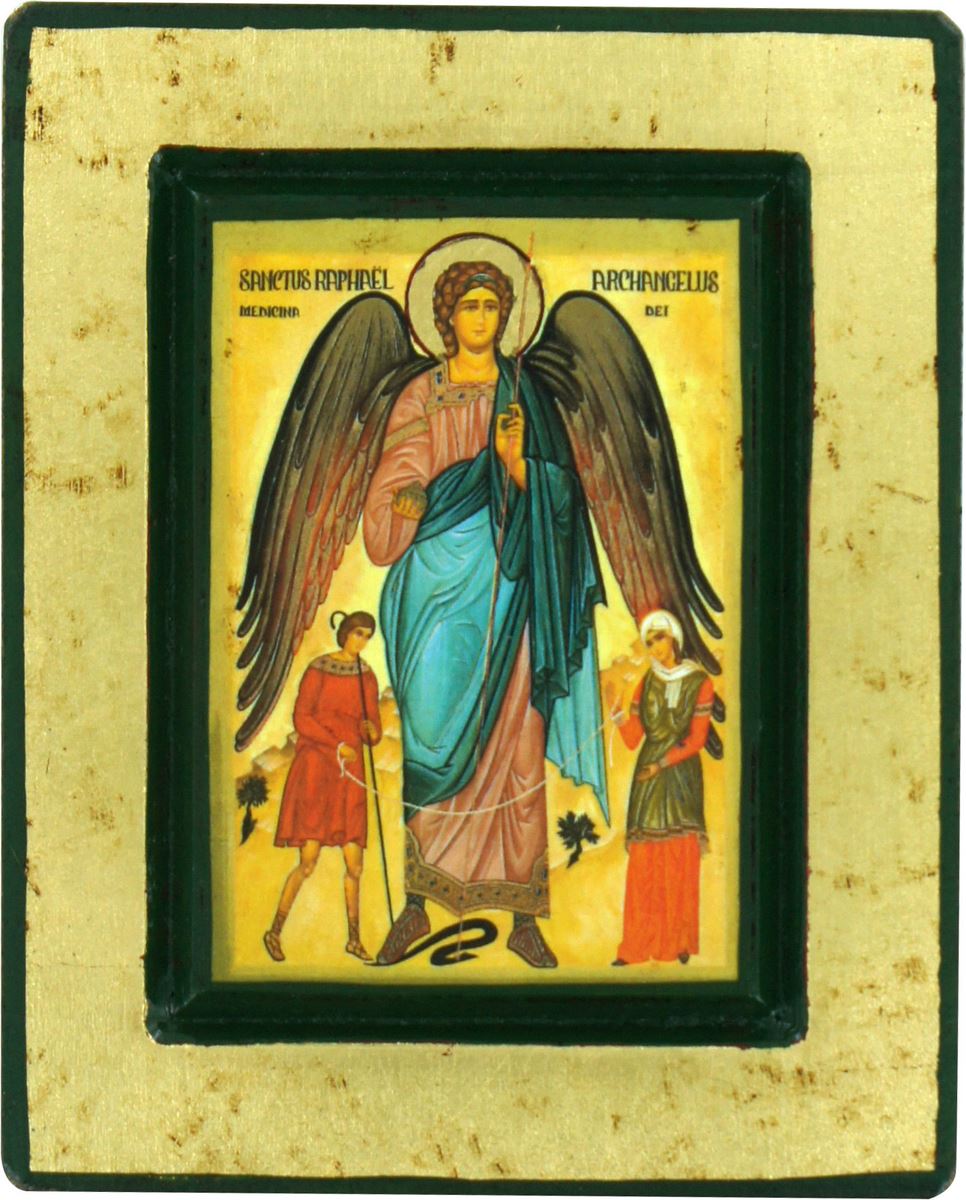 icona san raffaele arcangelo, icona in stile arte bizantina, icona su legno rifinita con aureole, scritte e bordure fatte a mano, produzione greca - 14 x 11,5 cm