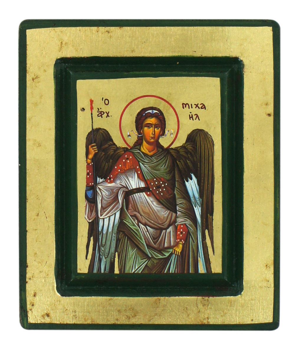 icona san michele arcangelo, icona in stile arte bizantina, icona su legno rifinita con aureole, scritte e bordure fatte a mano, produzione greca - 13,5 x 11 cm 