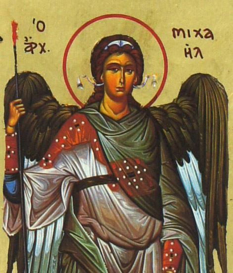 icona san michele arcangelo, icona in stile arte bizantina, icona su legno rifinita con aureole, scritte e bordure fatte a mano, produzione greca - 13,5 x 11 cm 