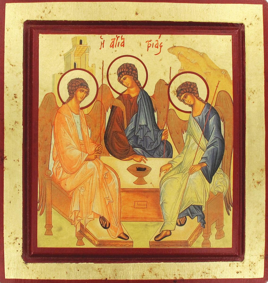 icona trinità di rublev, icona in stile arte bizantina, icona su legno rifinita con aureole, scritte e bordure fatte a mano, produzione greca - 14 x 13,5 cm