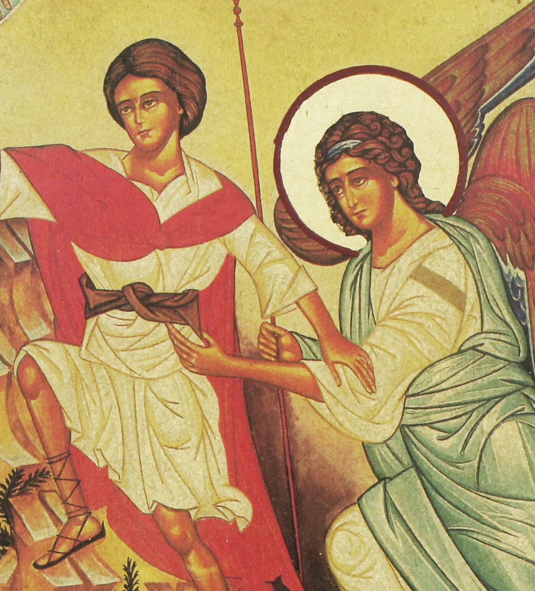 icona angelo custode, icona in stile arte bizantina, icona su legno rifinita con aureole, scritte e bordure fatte a mano, produzione greca - 24 x 18,5 cm