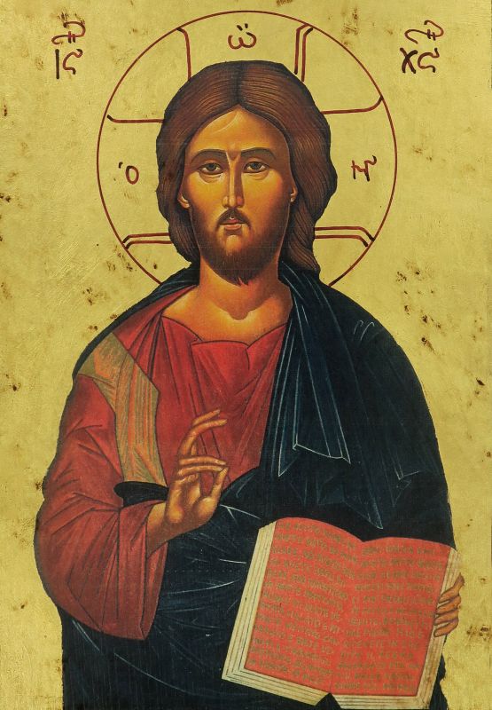 icona cristo pantocratore con libro aperto, icona in stile arte bizantina, icona su legno rifinita con aureole, scritte e bordure fatte a mano, produzione greca - 25 x 19 cm