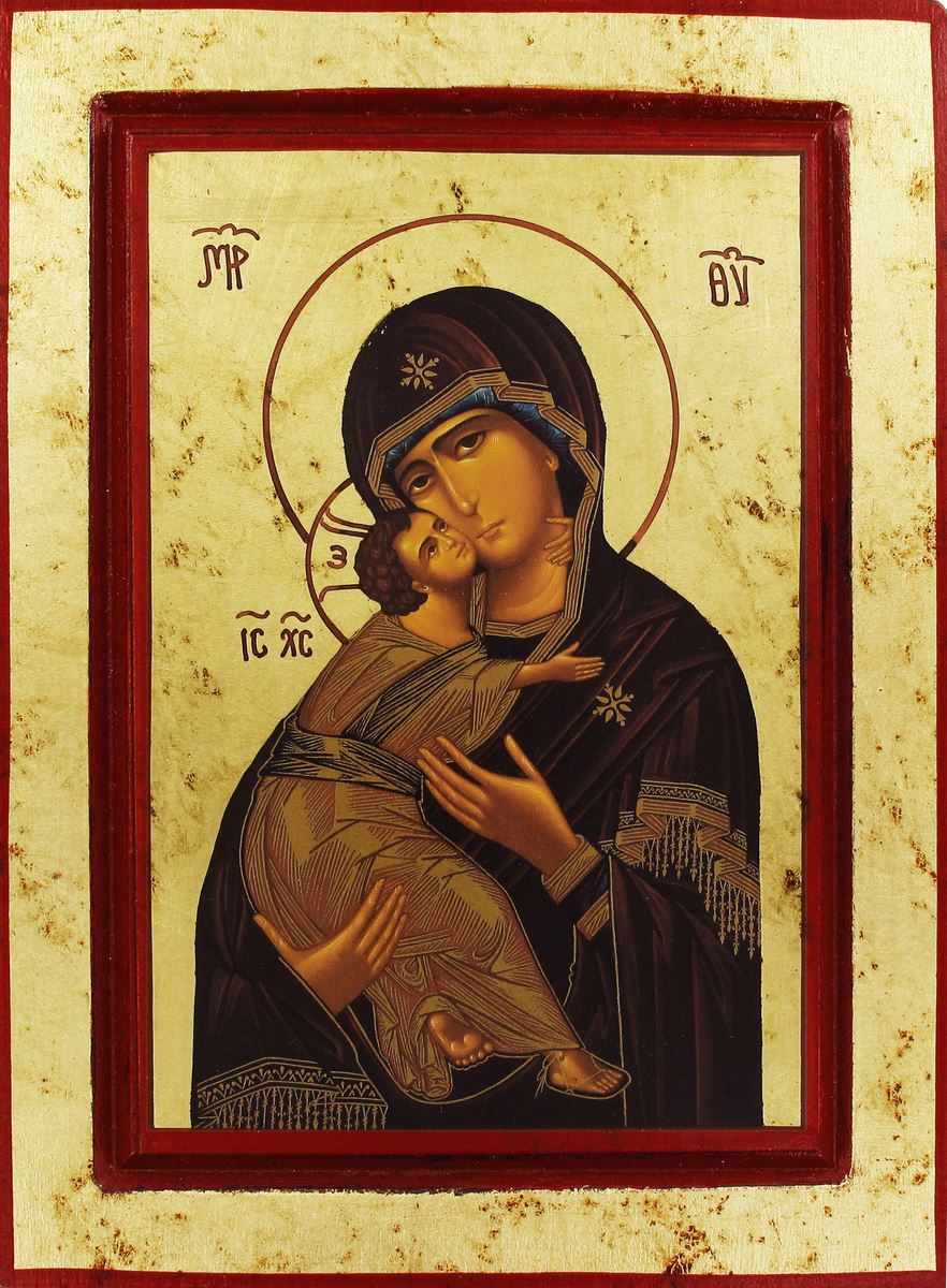 icona madonna della tenerezza, vergine di vladimir, icona in stile arte bizantina, icona su legno rifinita con aureole, scritte e bordure fatte a mano, produzione greca - 24 x 18 cm