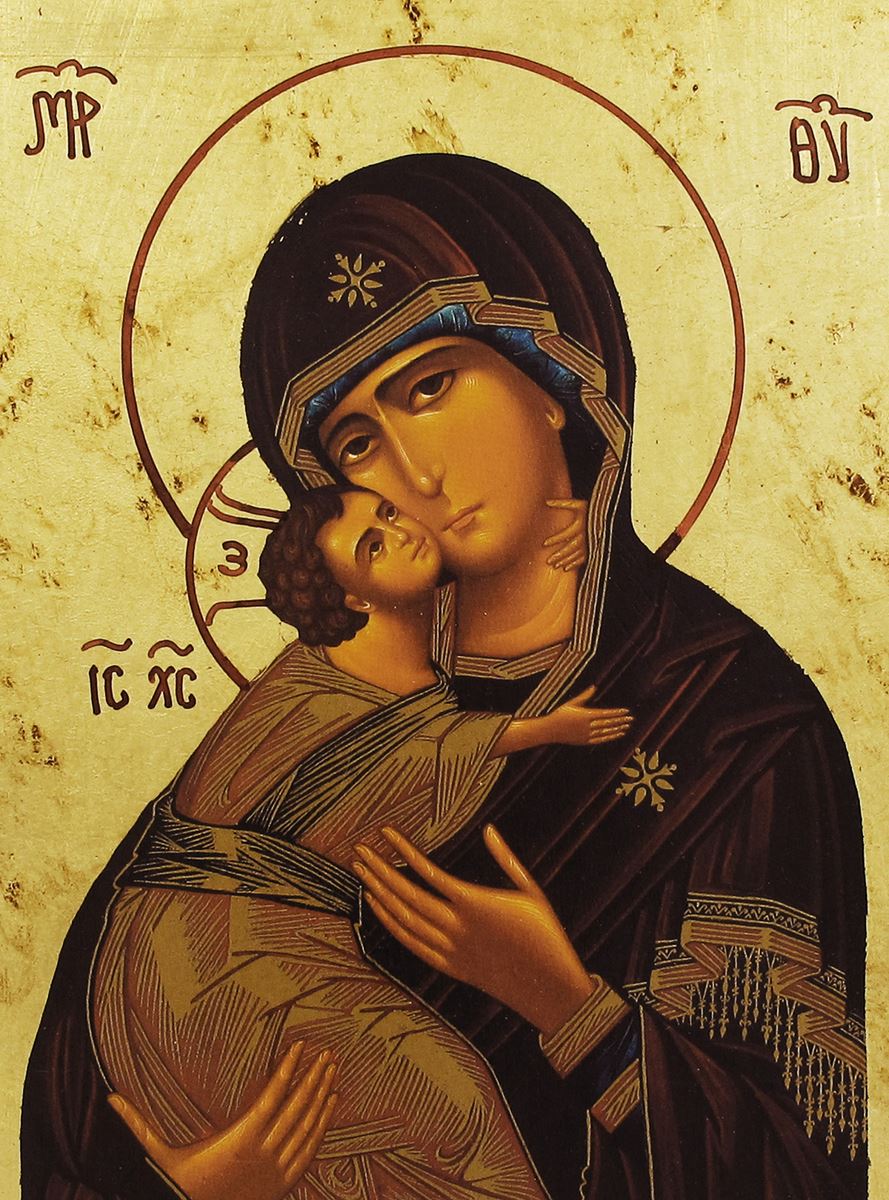 icona madonna della tenerezza, vergine di vladimir, icona in stile arte bizantina, icona su legno rifinita con aureole, scritte e bordure fatte a mano, produzione greca - 24 x 18 cm