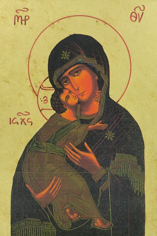 icona madonna della tenerezza, vergine di vladimir, icona in stile arte bizantina, icona su legno rifinita con aureole, scritte e bordure fatte a mano, produzione greca - 24 x 18 cm