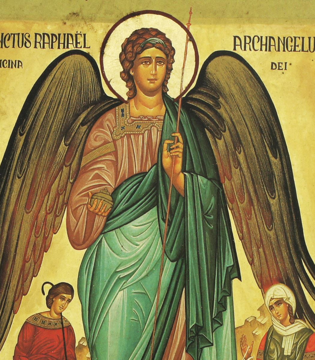 icona san raffaele arcangelo, icona in stile arte bizantina, icona su legno rifinita con aureole, scritte e bordure fatte a mano, produzione greca - 25 x 18,5 cm