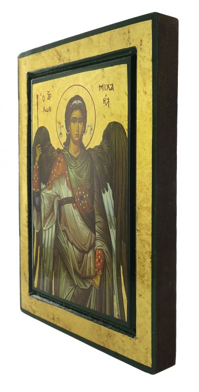 icona san michele arcangelo, icona in stile arte bizantina, icona su legno rifinita con aureole, scritte e bordure fatte a mano, produzione greca - 25 x 20 cm 