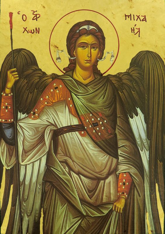 icona san michele arcangelo, icona in stile arte bizantina, icona su legno rifinita con aureole, scritte e bordure fatte a mano, produzione greca - 25 x 20 cm 