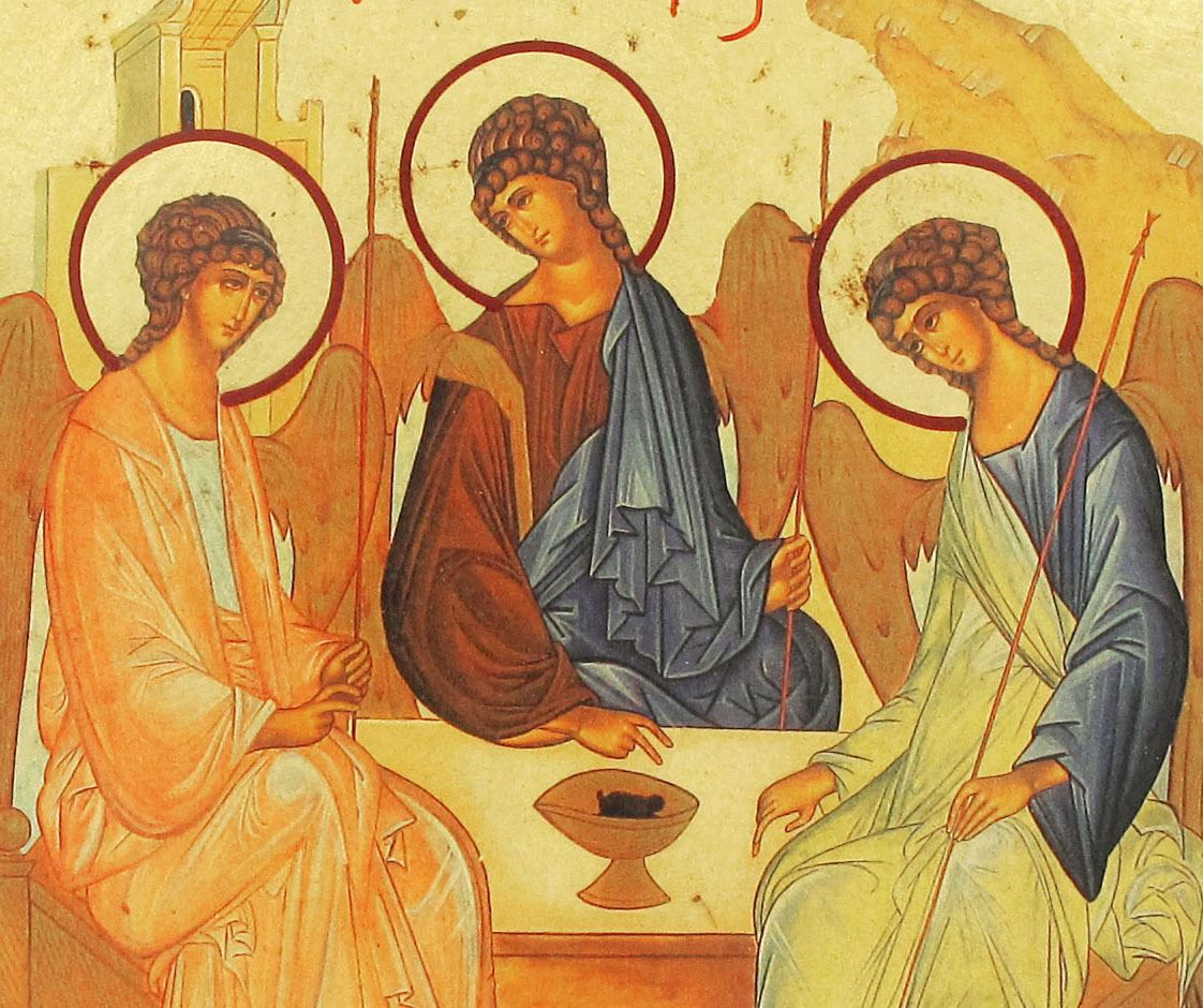 icona trinità di rublev, icona in stile arte bizantina, icona su legno rifinita con aureole, scritte e bordure fatte a mano, produzione greca - 22 x 21 cm