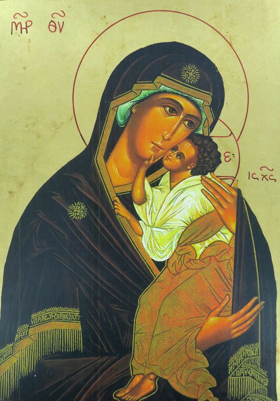 icona madre di dio di jaroslav, icona in stile arte bizantina, icona su legno rifinita con aureole, scritte e bordure fatte a mano, produzione greca - 33 x 25 cm