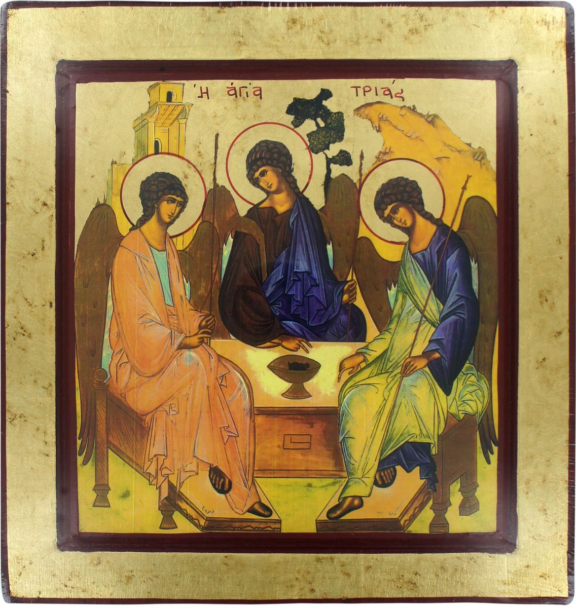 icona trinità di rublev, icona in stile arte bizantina, icona su legno rifinita con aureole, scritte e bordure fatte a mano, produzione greca - 27 x 25 cm 