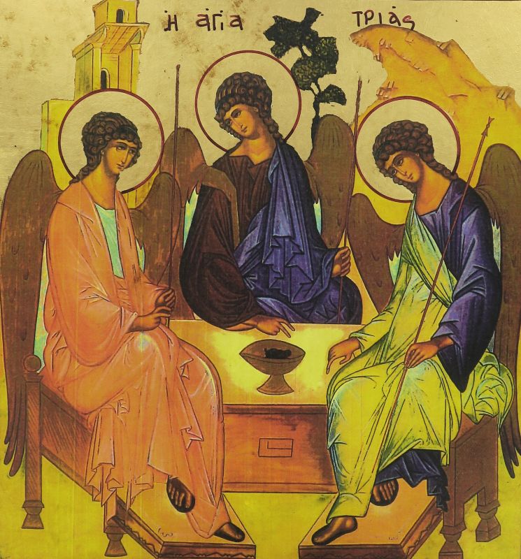 icona trinità di rublev, icona in stile arte bizantina, icona su legno rifinita con aureole, scritte e bordure fatte a mano, produzione greca - 27 x 25 cm 