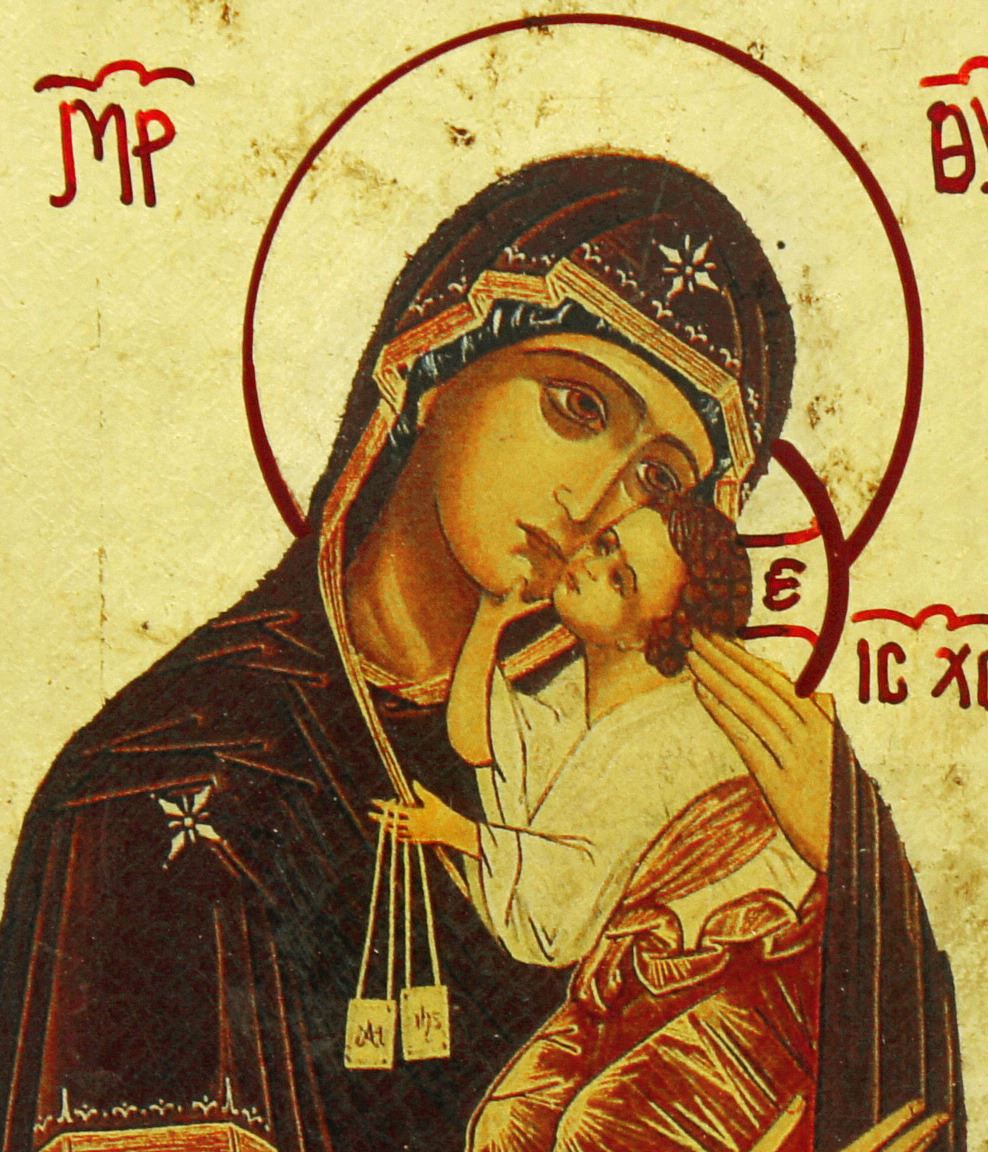 icona madonna del carmine, icona in stile arte bizantina, icona su legno rifinita con aureole, scritte e bordure fatte a mano, produzione greca - 14 x 11 cm