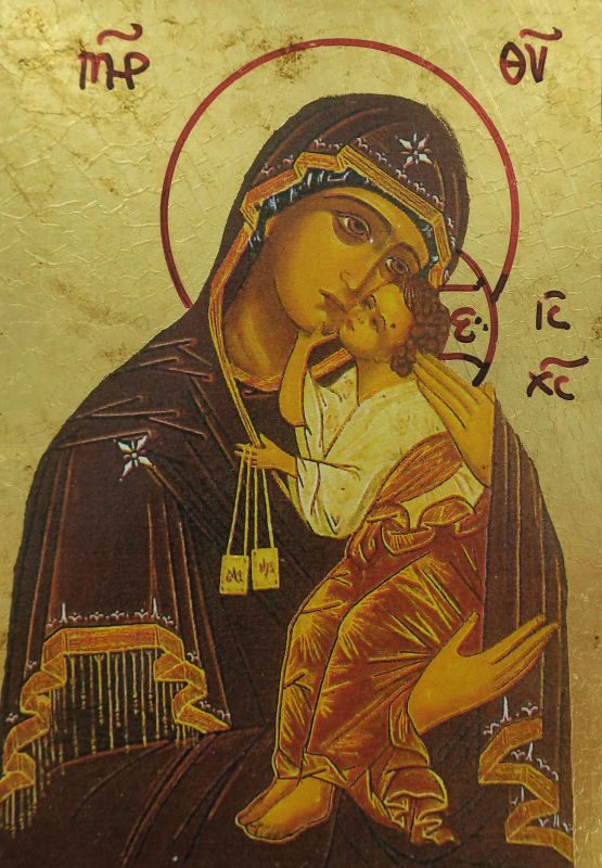 icona madonna del carmine, icona in stile arte bizantina, icona su legno rifinita con aureole, scritte e bordure fatte a mano, produzione greca - 14 x 11 cm