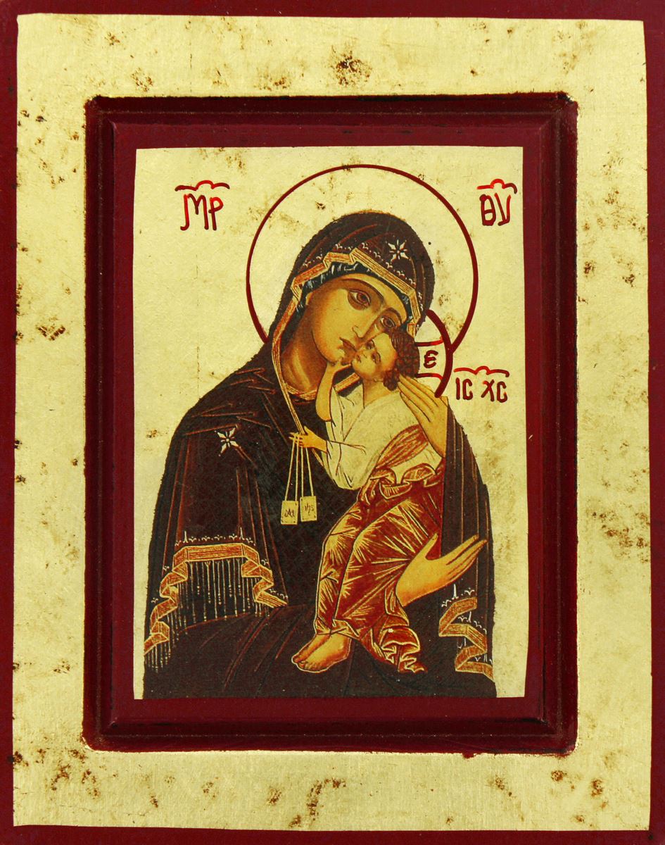 icona madonna del carmine, icona in stile arte bizantina, icona su legno rifinita con aureole, scritte e bordure fatte a mano, produzione greca - 19 x 15 cm