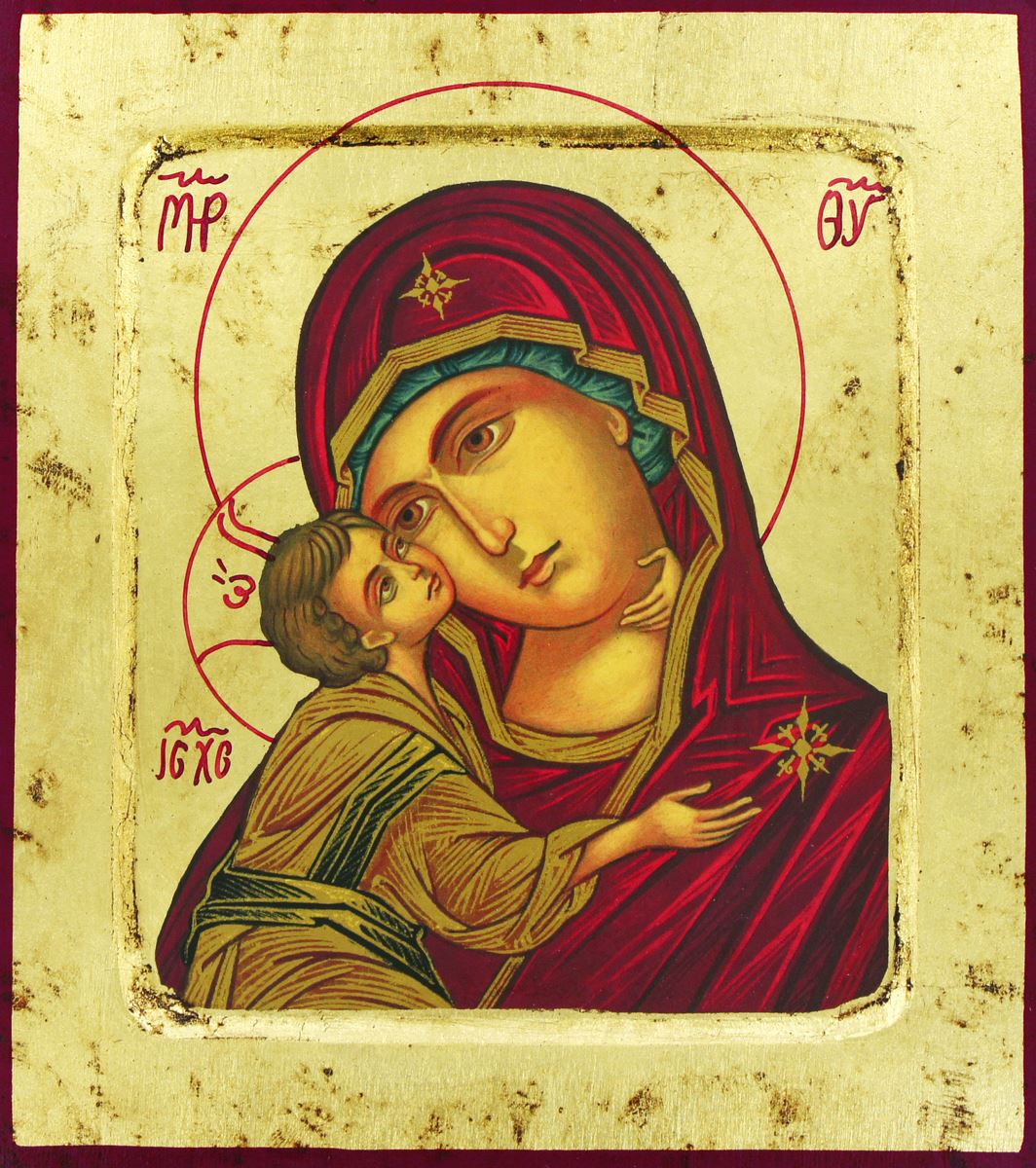 icona madonna della tenerezza, vergine di vladimir, icona in stile arte bizantina, icona su legno rifinita con aureole, scritte e bordure fatte a mano, produzione greca - 20 x 18 cm