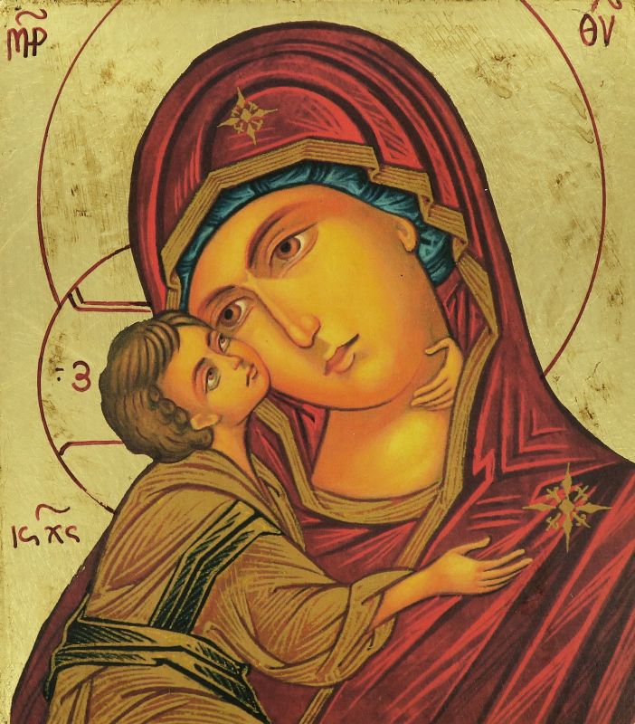 icona madonna della tenerezza, vergine di vladimir, icona in stile arte bizantina, icona su legno rifinita con aureole, scritte e bordure fatte a mano, produzione greca - 20 x 18 cm